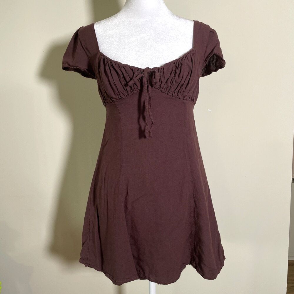 Urban Outfitters Women's Brown Linen Blend Mini Dress XS Milkmaid Cottagecore